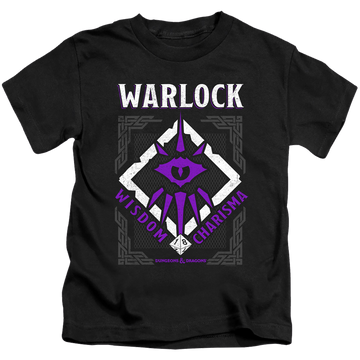 Black kid's t-shirt for ages 4 to 7 with Dungeons & Dragons Warlock graphic