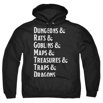 Black pullover hoodie with Dungeons & Dragons Dungeon List graphic