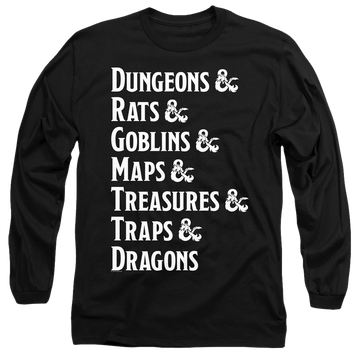 Black men's long sleeve t-shirt with Dungeons & Dragons Dungeon List graphic