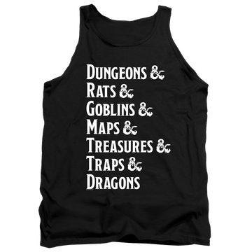 Black men's tank with Dungeons & Dragons Dungeon List graphic