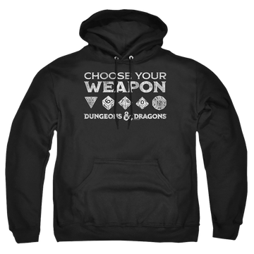 Black pullover hoodie with Dungeons & Dragons Choose Your Weapon graphic