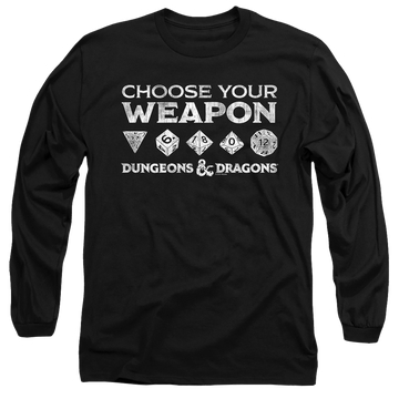 Black men's long sleeve t-shirt with Dungeons & Dragons Choose Your Weapon graphic