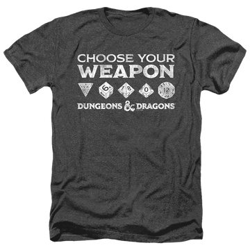 Charcoal men's heather t-shirt with Dungeons & Dragons Choose Your Weapon graphic