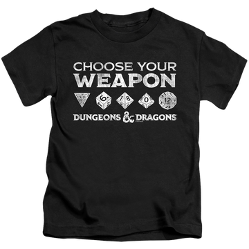 Black kid's t-shirt for ages 4 to 7 with Dungeons & Dragons Choose Your Weapon graphic