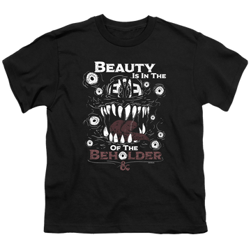 Black youth t-shirt for ages 8 to 12 with Dungeons & Dragons Eye Of The Beholder graphic
