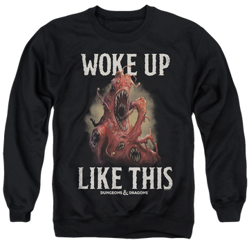 Black men's crewneck sweatshirt with Dungeons & Dragons Woke Like This graphic
