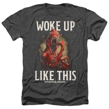 Charcoal men's heather t-shirt with Dungeons & Dragons Woke Like This graphic