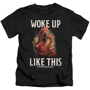 Black kid's t-shirt for ages 4 to 7 with Dungeons & Dragons Woke Like This graphic