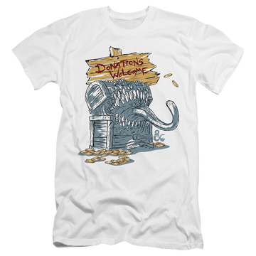 White men's premium slim fit t-shirt with Dungeons & Dragons Donations Welcome Mimic graphic