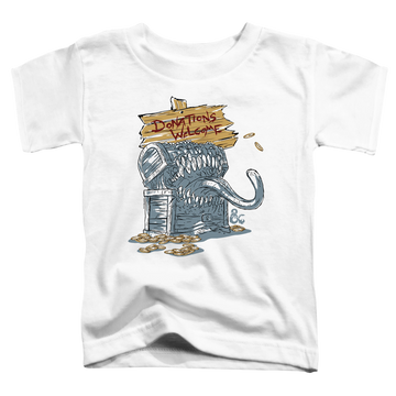 White toddler t-shirt with Dungeons & Dragons Donations Welcome Mimic graphic