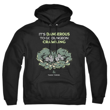 Black pullover hoodie with Dungeons & Dragons Dangerous To Go Alone graphic