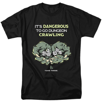 Black men's regular fit t-shirt with Dungeons & Dragons Dangerous To Go Alone graphic