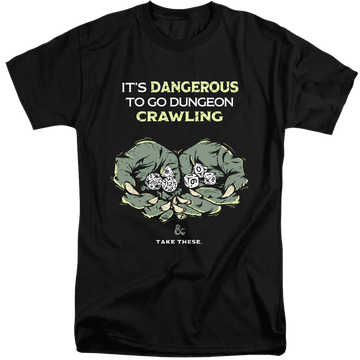 Black men's tall fit t-shirt with Dungeons & Dragons Dangerous To Go Alone graphic