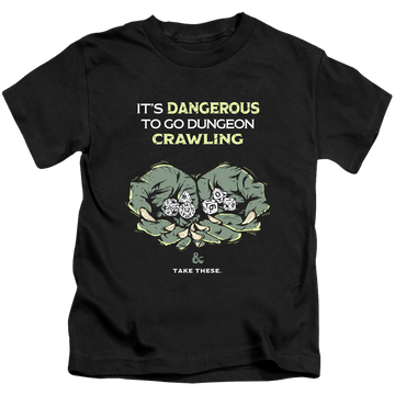 Black kid's t-shirt for ages 4 to 7 with Dungeons & Dragons Dangerous To Go Alone graphic