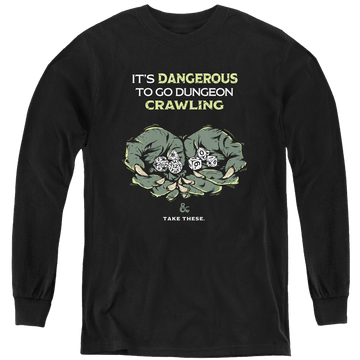 Black youth long sleeve t-shirt with Dungeons & Dragons Dangerous To Go Alone graphic