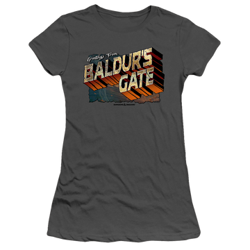 Charcoal juniors t-shirt with Dungeons & Dragons Baldurs Gate graphic