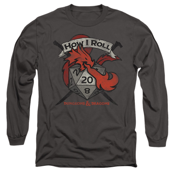 Charcoal men's long sleeve t-shirt with Dungeons & Dragons How I Roll D And D graphic