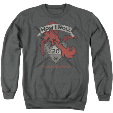 Charcoal men's crewneck sweatshirt with Dungeons & Dragons How I Roll D And D graphic