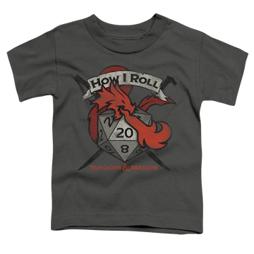 Charcoal kid's t-shirt for ages 4 to 7 with Dungeons & Dragons How I Roll D And D graphic