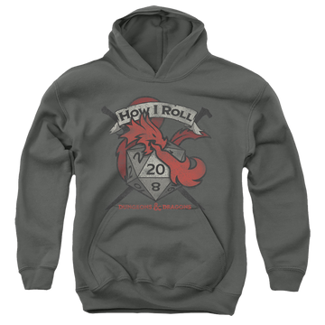 Charcoal youth hoodie for ages 8 to 12 with Dungeons & Dragons How I Roll D And D graphic