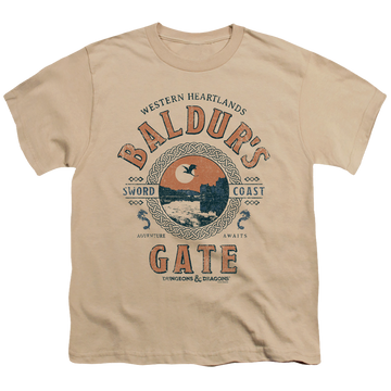Sand youth t-shirt for ages 8 to 12 with Dungeons & Dragons Baldurs Gate Resort graphic
