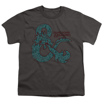 Charcoal youth t-shirt for ages 8 to 12 with Dungeons & Dragons Ampersand Classes graphic