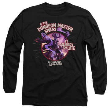 Black men's long sleeve t-shirt with Dungeons & Dragons Dungeon Master Smiles graphic