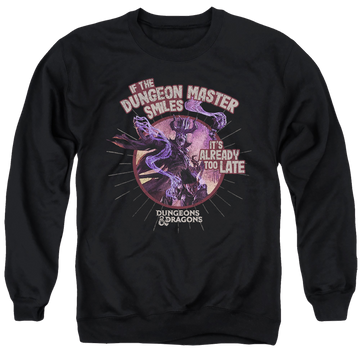 Black men's crewneck sweatshirt with Dungeons & Dragons Dungeon Master Smiles graphic