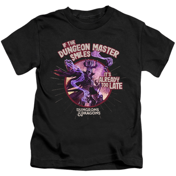 Black kid's t-shirt for ages 4 to 7 with Dungeons & Dragons Dungeon Master Smiles graphic