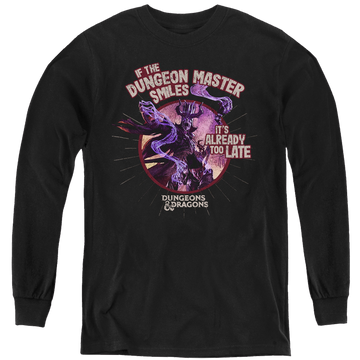 Black youth long sleeve t-shirt with Dungeons & Dragons Dungeon Master Smiles graphic