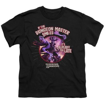 Black youth t-shirt for ages 8 to 12 with Dungeons & Dragons Dungeon Master Smiles graphic