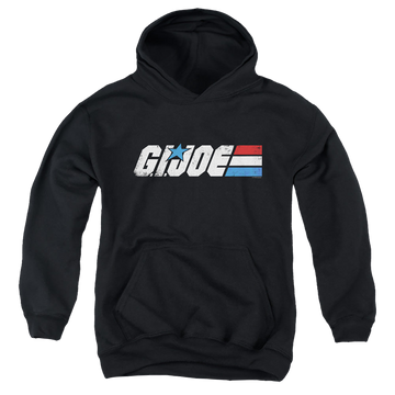 Black youth hoodie for ages 8 to 12 with G.I. Joe Distressed Logo graphic