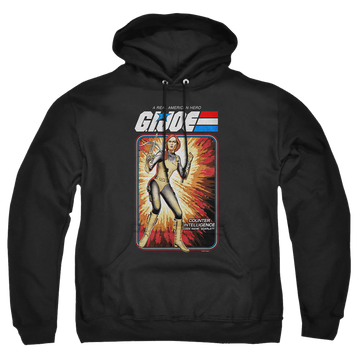 Black pullover hoodie with G.I. Joe Scarlett Card graphic