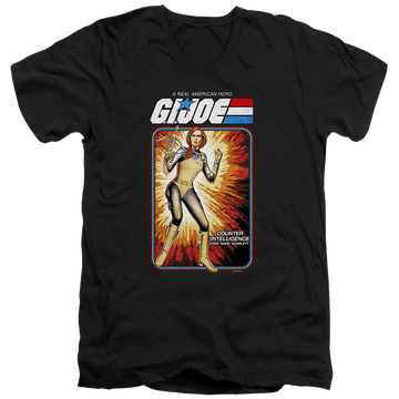 Black men's v-neck t-shirt with G.I. Joe Scarlett Card graphic