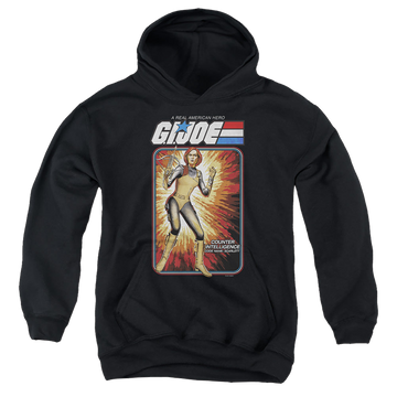 Black youth hoodie for ages 8 to 12 with G.I. Joe Scarlett Card graphic