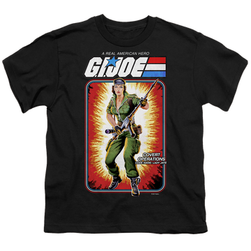 Black youth t-shirt for ages 8 to 12 with G.I. Joe Lady Jaye Card graphic
