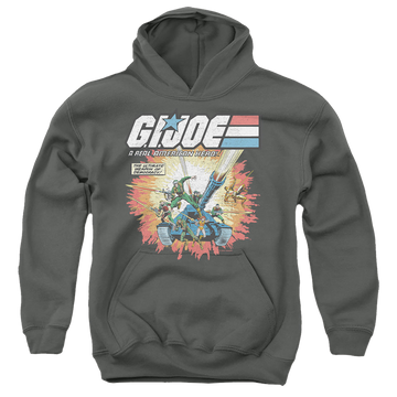 Charcoal youth hoodie for ages 8 to 12 with G.I. Joe Real American Hero graphic