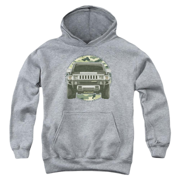 Athletic heather youth hoodie for ages 8 to 12 with Hummer Lead Or Follow graphic