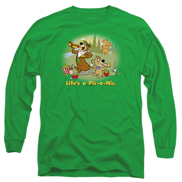 Kelly green men's long sleeve t-shirt with Yogi Bear Life's A Picnic graphic