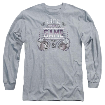 Athletic heather men's long sleeve t-shirt with Tom and Jerry Life Is A Game graphic