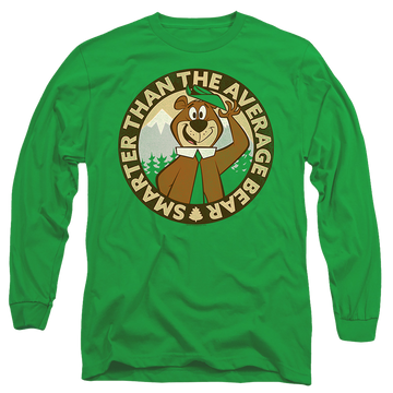 Kelly green men's long sleeve t-shirt with Yogi Bear Smarter Than Average graphic
