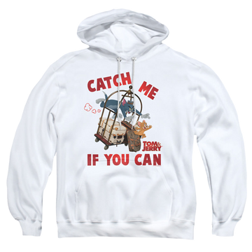 White pullover hoodie with Tom and Jerry Catch Me If You Can graphic