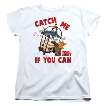 White women's t-shirt with Tom and Jerry Catch Me If You Can graphic