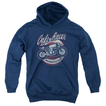 Navy youth hoodie for ages 8 to 12 with Honda Cafe Racer graphic
