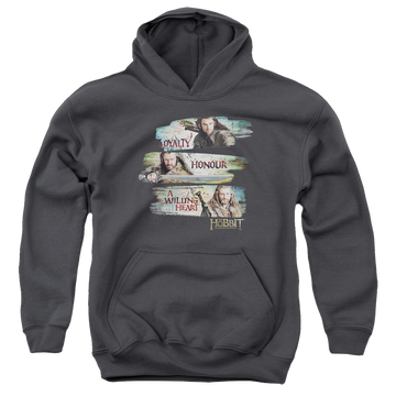 Charcoal youth hoodie for ages 8 to 12 with The Hobbit Loyalty And Honour graphic