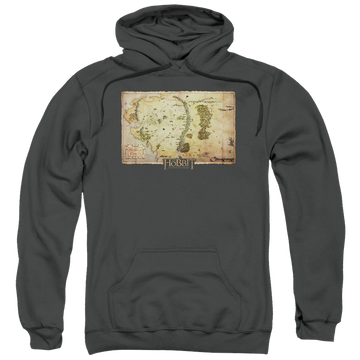 Charcoal pullover hoodie with The Hobbit Middle Earth Map graphic