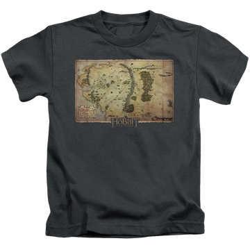 Charcoal kid's t-shirt for ages 4 to 7 with The Hobbit Middle Earth Map graphic