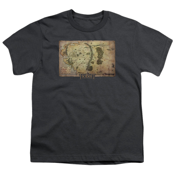 Charcoal youth t-shirt for ages 8 to 12 with The Hobbit Middle Earth Map graphic