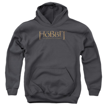 Charcoal youth hoodie for ages 8 to 12 with The Hobbit Distressed Logo graphic