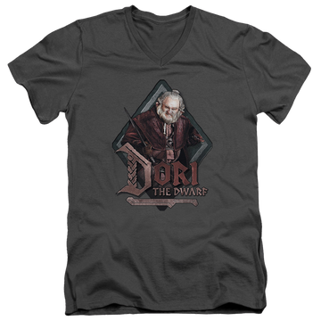 Charcoal men's v-neck t-shirt with The Hobbit Dori graphic